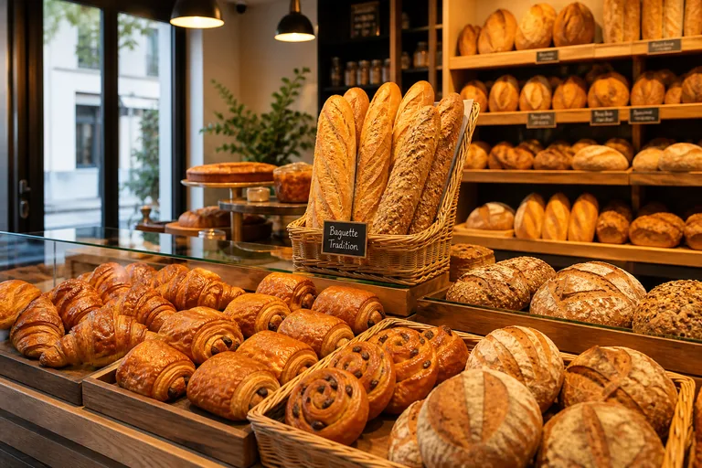 Intérieur chaleureux de la Boulangerie du Centre avec pains et viennoiseries